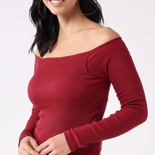 Padded Ribbed Off-The-Shoulder Top - Cherry Red