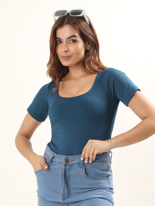Padded Square Neck Bodysuit with Half Sleeves - Prussian Blue