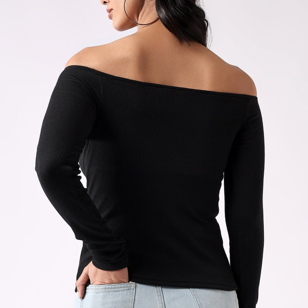 PADDED RIBBED OFF-THE-SHOULDER TOP - BLACK