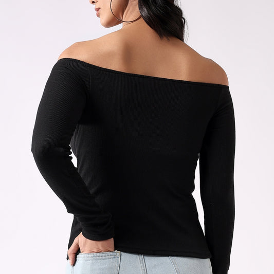 Padded Ribbed Off-The-Shoulder Top - Black