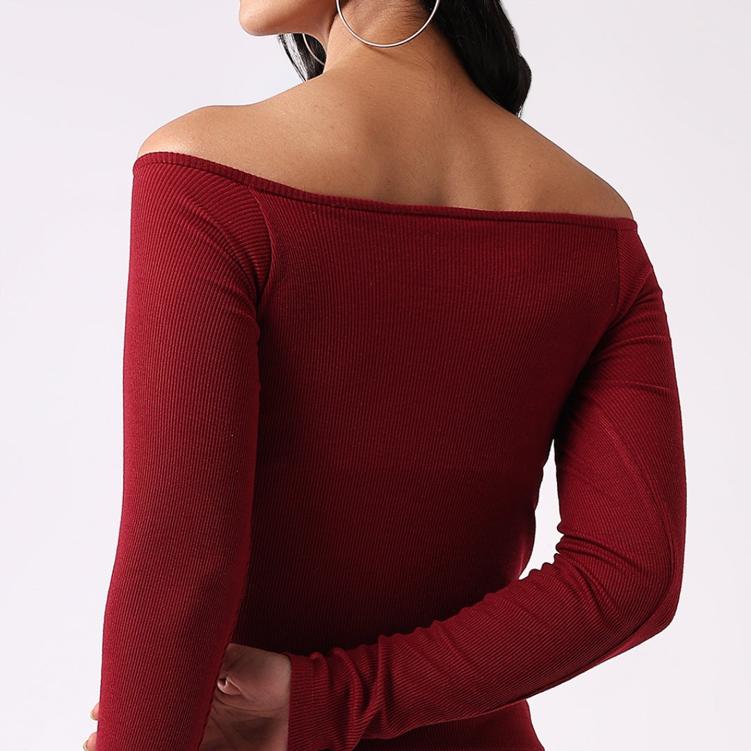 PADDED RIBBED OFF-THE-SHOULDER TOP - CHERRY RED