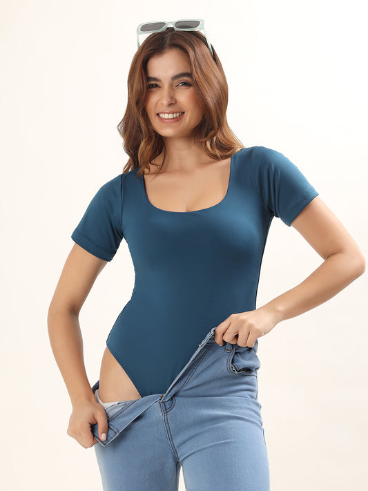 Padded Square Neck Bodysuit  with Half Sleeves - Prussian Blue