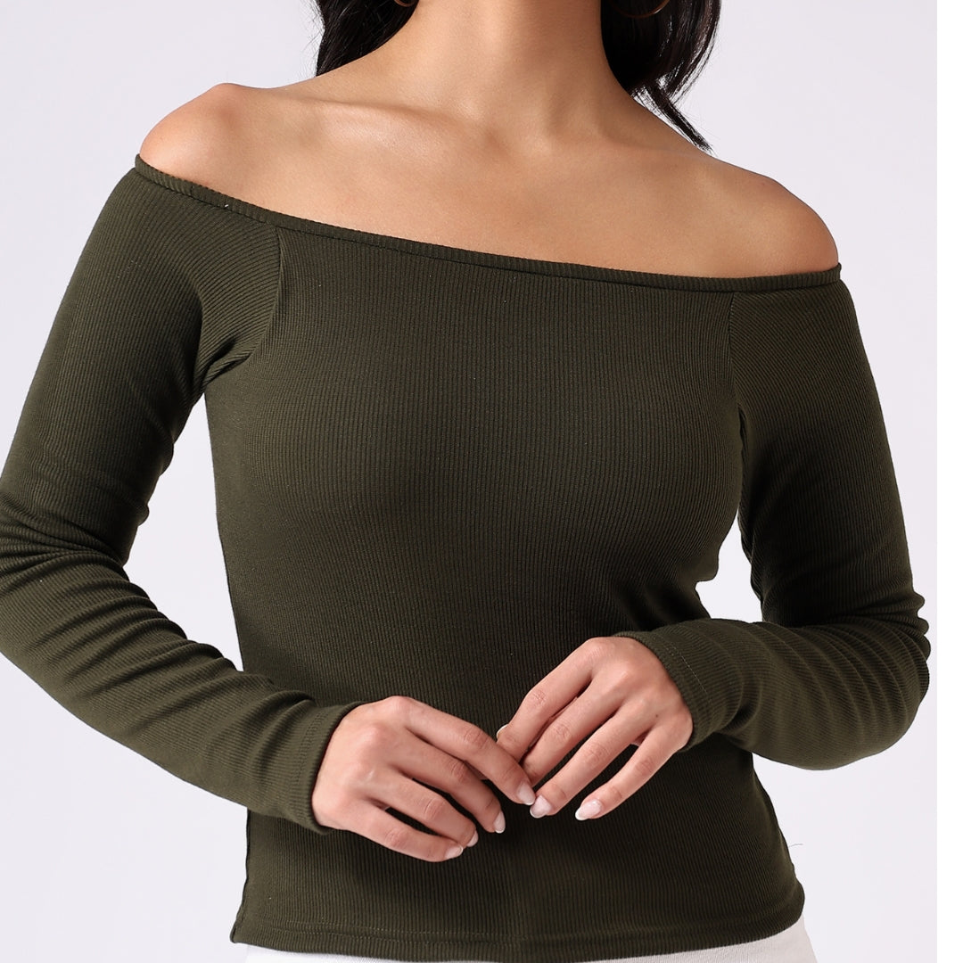 PADDED RIBBED OFF-THE-SHOULDER TOP - DEEP OLIVE