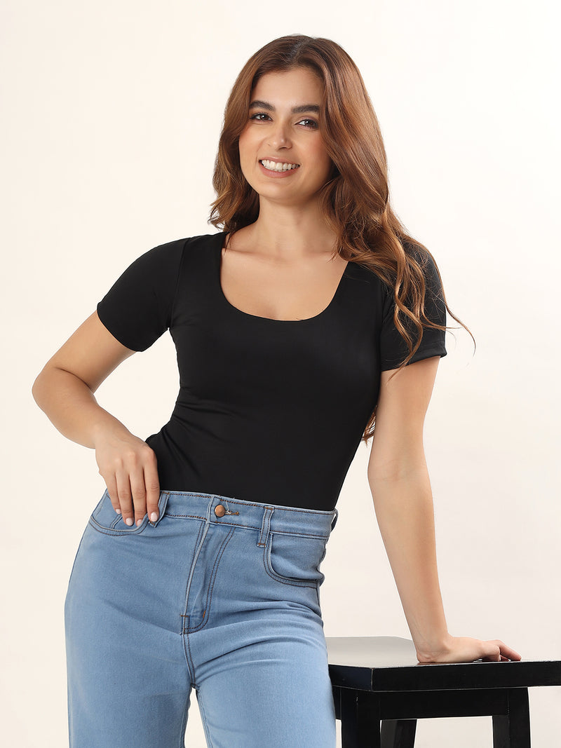 Padded Square Neck Bodysuit with Half Sleeves - Black