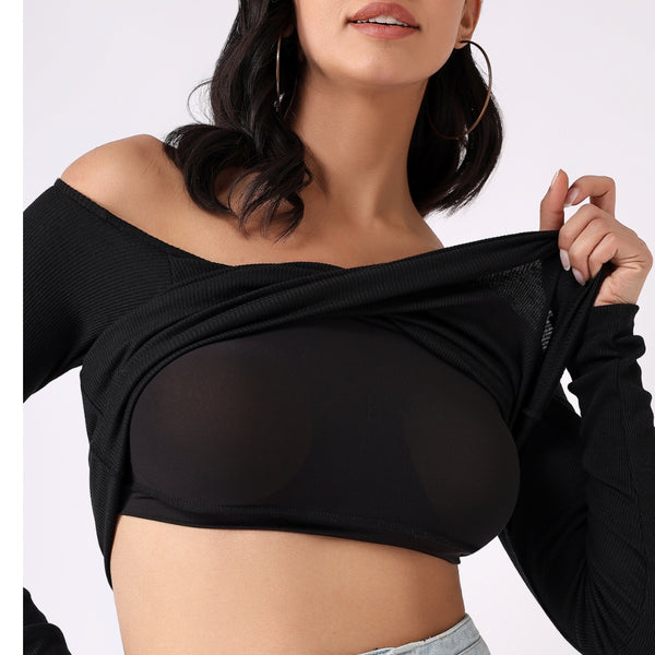 PADDED RIBBED OFF-THE-SHOULDER TOP - BLACK