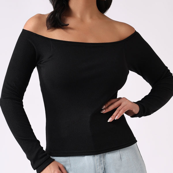 PADDED RIBBED OFF-THE-SHOULDER TOP - BLACK