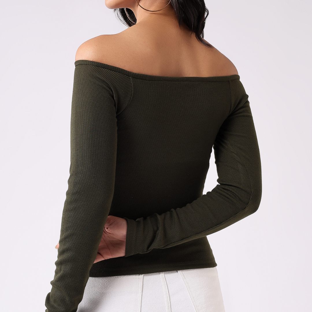 PADDED RIBBED OFF-THE-SHOULDER TOP - DEEP OLIVE