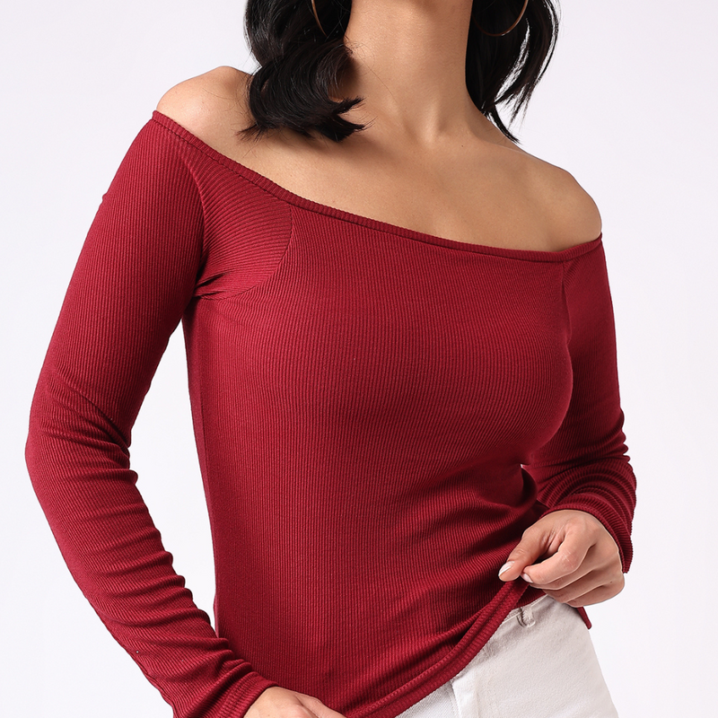 Padded Ribbed Off-The-Shoulder Top - Cherry Red